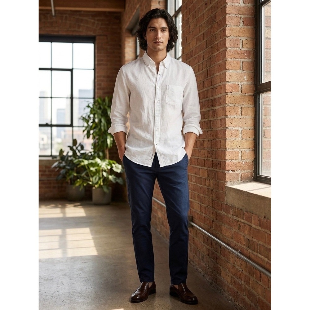 Club Monaco Mens Slim Fit 100% Linen Button Down Shirt White Small Long Sleeve